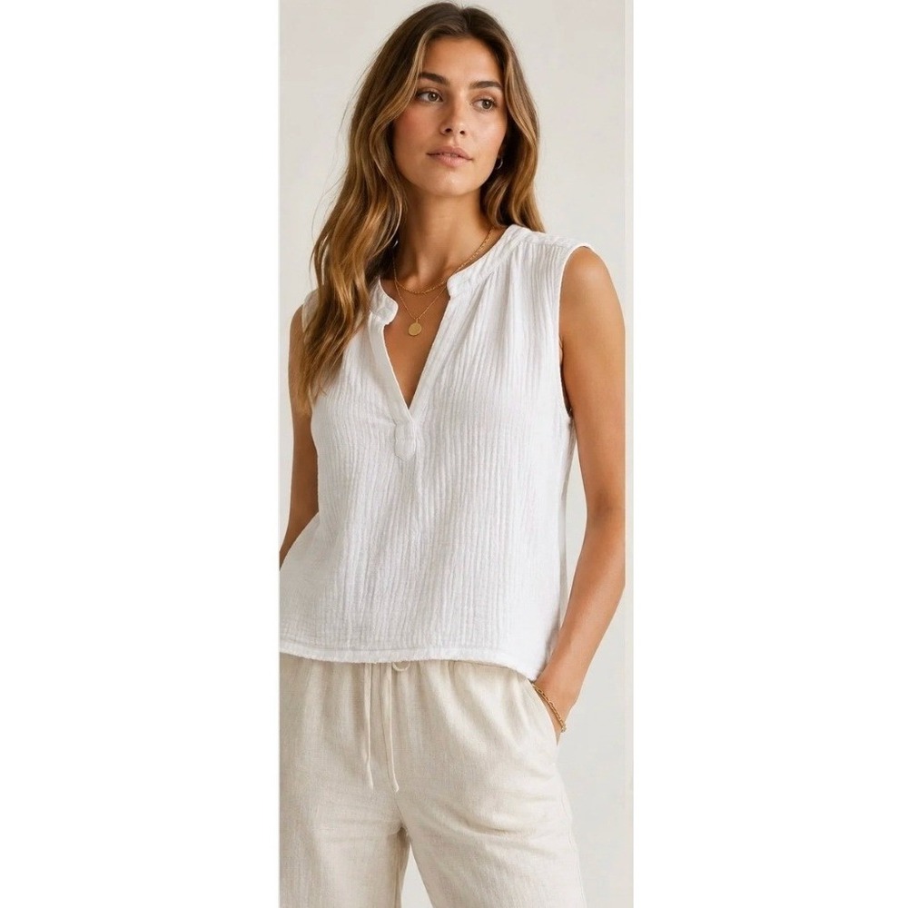 DKNY Jeans Women's Sz XL Sleeveless Blouse Split Neck White Gauzy Raw Hem Cotton